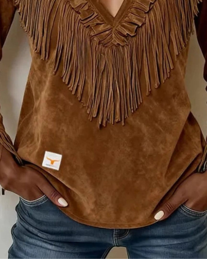 Maribel │ Suede Fringe V-Neck Top