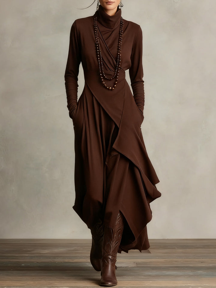 Elysian | Asymmetrical Pleated Maxi Dress with Turtleneck